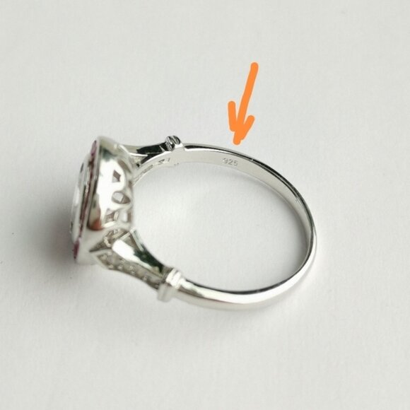 Art Deco White Sapphire and Ruby Ring in Sterling Silver engagement size 6 - Picture 10 of 12